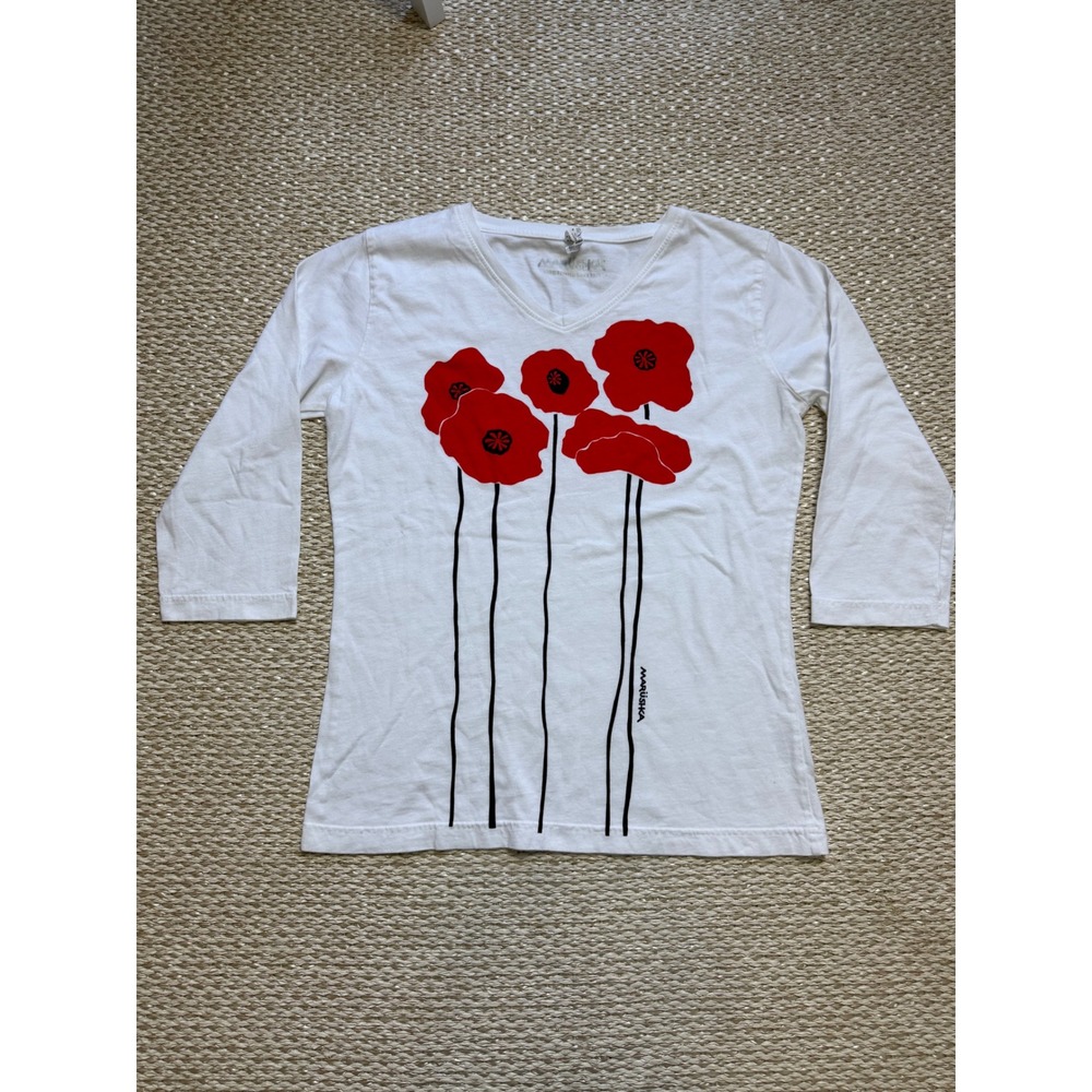 Marushka Red Poppy Hand Printed V-Neck 3/4 Sleeve Cotton Top coastal beachy M